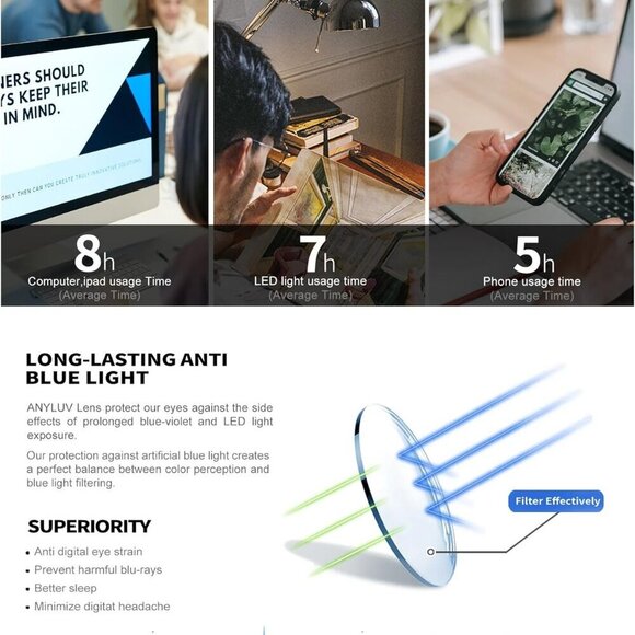 Blue Light Glasses Men/Women, Blue Light Blocking Glasses, Computer Screen Block - Picture 6 of 7